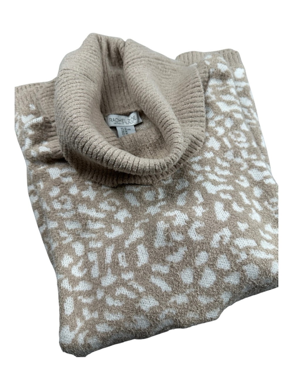 RACHEL ZOE Tan White Animal Printed Soft Cowl Neck Sweater Women's Size XL - Picture 2 of 10
